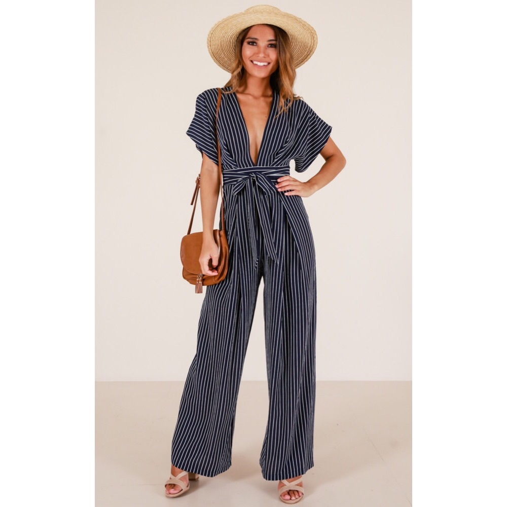 Midnight City Jumpsuit In Navy Stripe by Showpo.